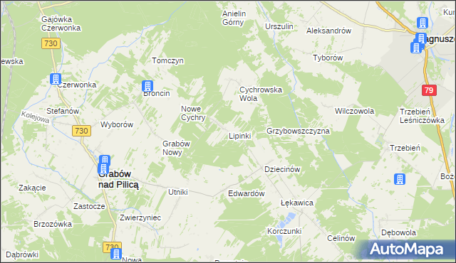 mapa Lipinki gmina Grabów nad Pilicą, Lipinki gmina Grabów nad Pilicą na mapie Targeo