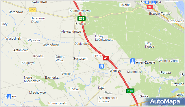 mapa Lipiny gmina Brześć Kujawski, Lipiny gmina Brześć Kujawski na mapie Targeo