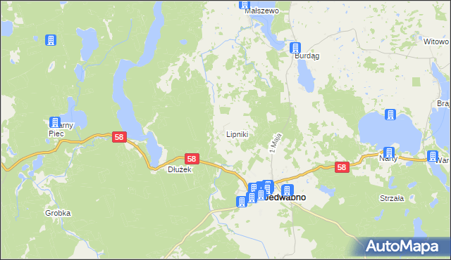 mapa Lipniki gmina Jedwabno, Lipniki gmina Jedwabno na mapie Targeo