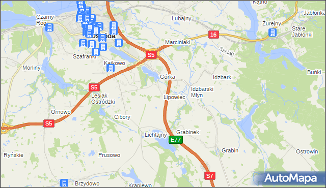mapa Lipowiec gmina Ostróda, Lipowiec gmina Ostróda na mapie Targeo