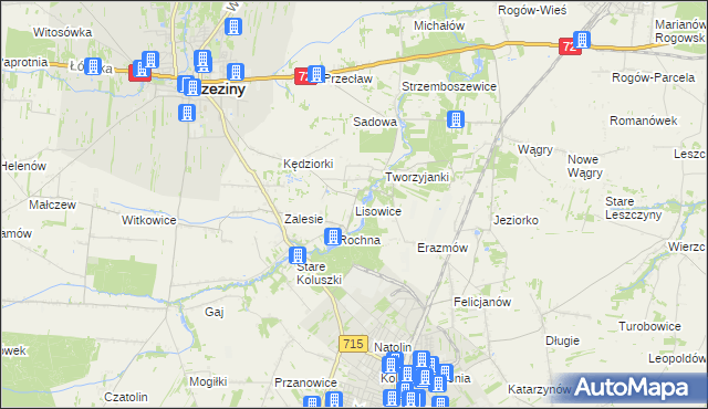 mapa Lisowice gmina Koluszki, Lisowice gmina Koluszki na mapie Targeo