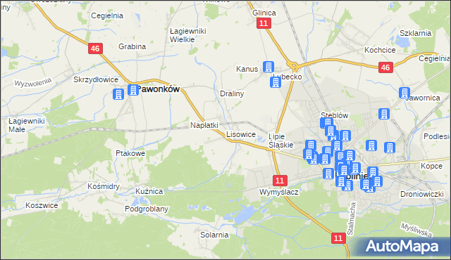 mapa Lisowice gmina Pawonków, Lisowice gmina Pawonków na mapie Targeo