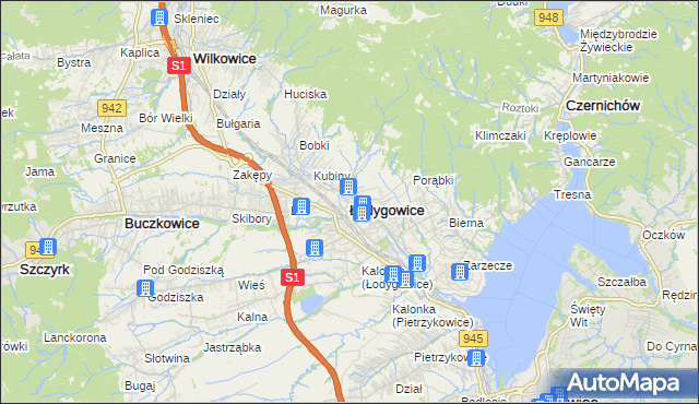 mapa Łodygowice powiat żywiecki, Łodygowice powiat żywiecki na mapie Targeo