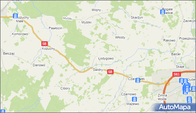 mapa Łodygowo gmina Biała Piska, Łodygowo gmina Biała Piska na mapie Targeo