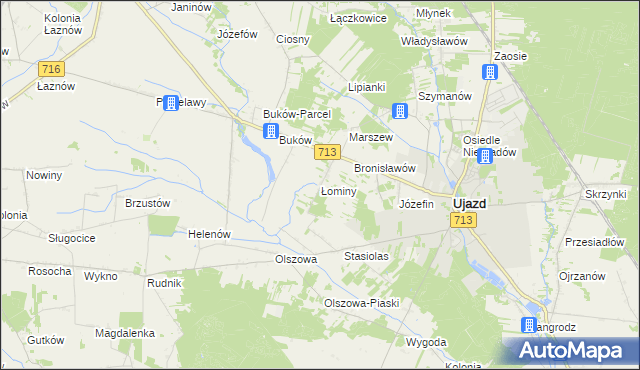 mapa Łominy gmina Ujazd, Łominy gmina Ujazd na mapie Targeo