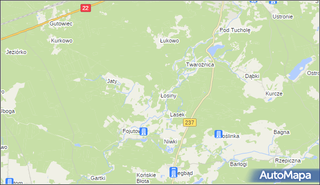 mapa Łosiny gmina Tuchola, Łosiny gmina Tuchola na mapie Targeo