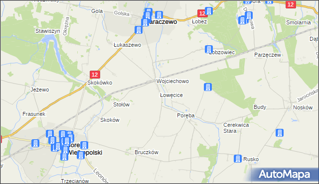 mapa Łowęcice gmina Jaraczewo, Łowęcice gmina Jaraczewo na mapie Targeo