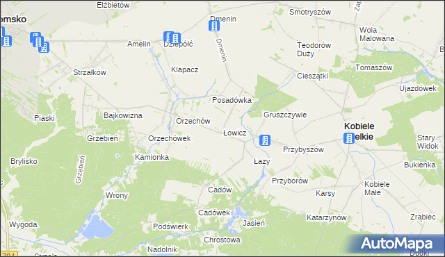 mapa Łowicz gmina Kobiele Wielkie, Łowicz gmina Kobiele Wielkie na mapie Targeo