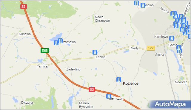 mapa Łozice gmina Kozielice, Łozice gmina Kozielice na mapie Targeo