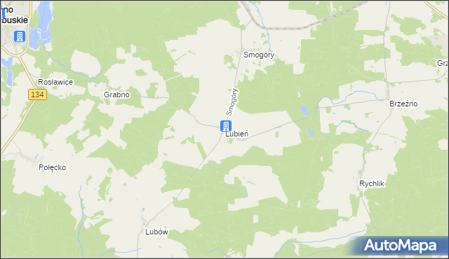 mapa Lubień gmina Ośno Lubuskie, Lubień gmina Ośno Lubuskie na mapie Targeo