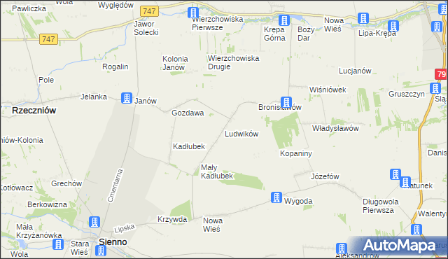 mapa Ludwików gmina Sienno, Ludwików gmina Sienno na mapie Targeo