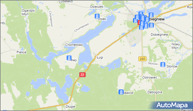 mapa Ługi gmina Dobiegniew, Ługi gmina Dobiegniew na mapie Targeo