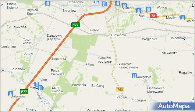 mapa Łysaków pod Lasem, Łysaków pod Lasem na mapie Targeo