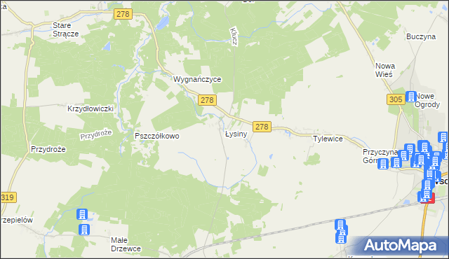 mapa Łysiny gmina Wschowa, Łysiny gmina Wschowa na mapie Targeo