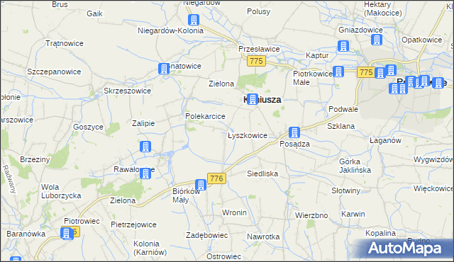 mapa Łyszkowice gmina Koniusza, Łyszkowice gmina Koniusza na mapie Targeo