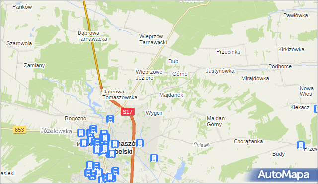 mapa Majdanek gmina Tomaszów Lubelski, Majdanek gmina Tomaszów Lubelski na mapie Targeo