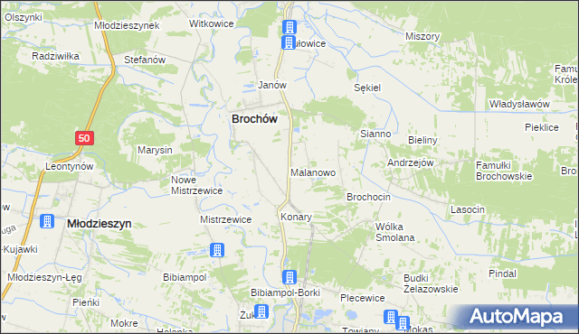 mapa Malanowo gmina Brochów, Malanowo gmina Brochów na mapie Targeo