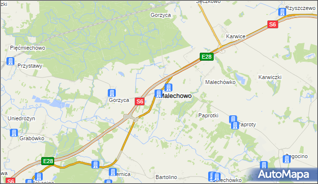 mapa Malechowo powiat sławieński, Malechowo powiat sławieński na mapie Targeo