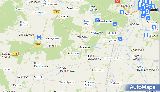 mapa Malenie gmina Poddębice, Malenie gmina Poddębice na mapie Targeo