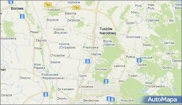 mapa Malinie gmina Tuszów Narodowy, Malinie gmina Tuszów Narodowy na mapie Targeo