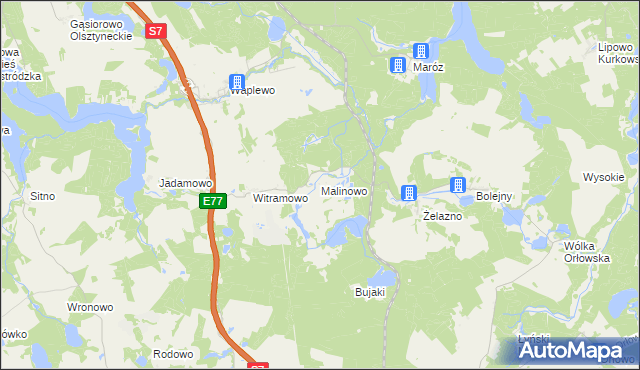 mapa Malinowo gmina Olsztynek, Malinowo gmina Olsztynek na mapie Targeo