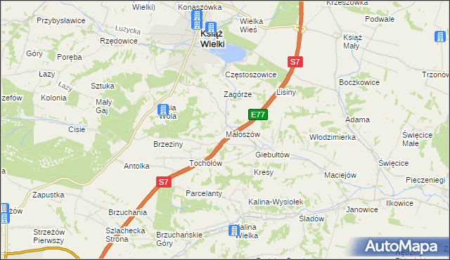 mapa Małoszów gmina Książ Wielki, Małoszów gmina Książ Wielki na mapie Targeo