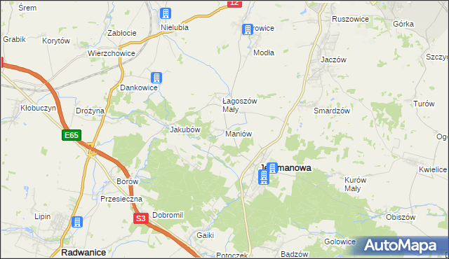 mapa Maniów gmina Jerzmanowa, Maniów gmina Jerzmanowa na mapie Targeo