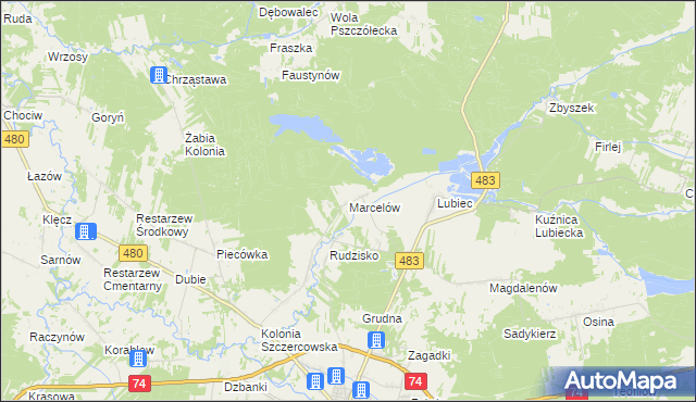 mapa Marcelów gmina Szczerców, Marcelów gmina Szczerców na mapie Targeo