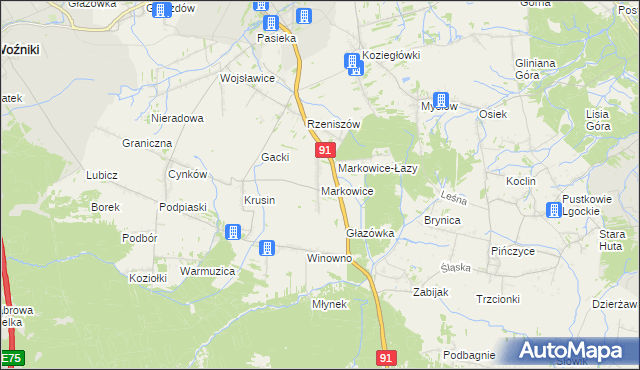 mapa Markowice gmina Koziegłowy, Markowice gmina Koziegłowy na mapie Targeo