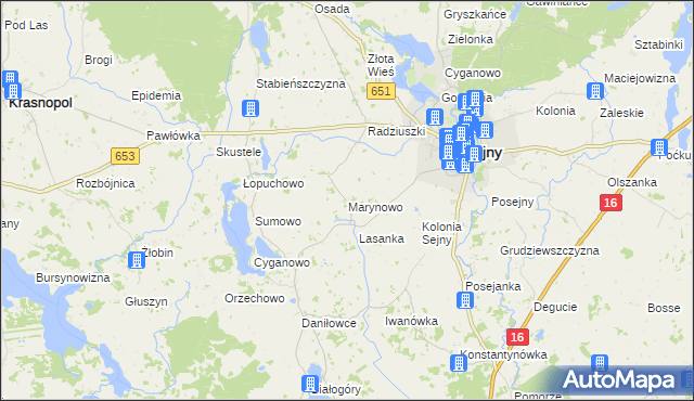 mapa Marynowo gmina Sejny, Marynowo gmina Sejny na mapie Targeo