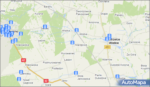 mapa Marzęcice gmina Strzelce Wielkie, Marzęcice gmina Strzelce Wielkie na mapie Targeo