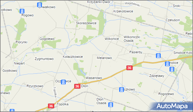 mapa Melanowo gmina Miejska Górka, Melanowo gmina Miejska Górka na mapie Targeo