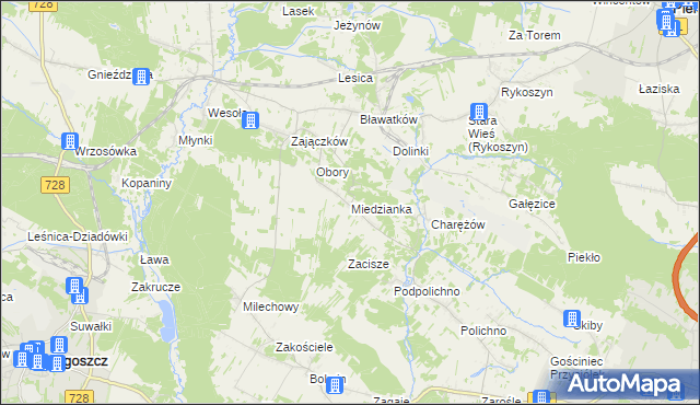 mapa Miedzianka gmina Chęciny, Miedzianka gmina Chęciny na mapie Targeo