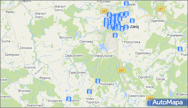 mapa Międzyborze gmina Połczyn-Zdrój, Międzyborze gmina Połczyn-Zdrój na mapie Targeo