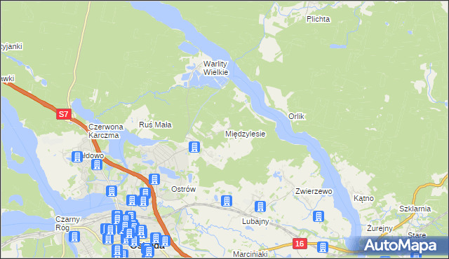 mapa Międzylesie gmina Ostróda, Międzylesie gmina Ostróda na mapie Targeo