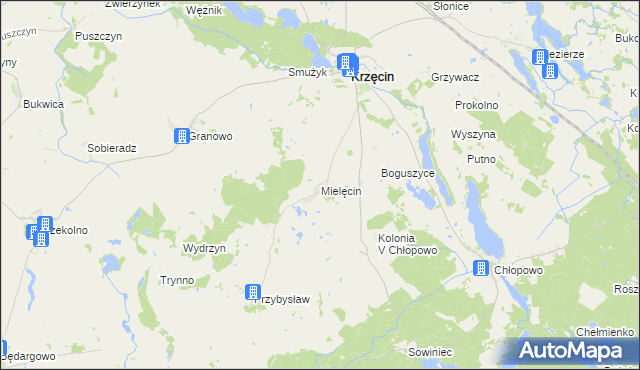 mapa Mielęcin gmina Krzęcin, Mielęcin gmina Krzęcin na mapie Targeo