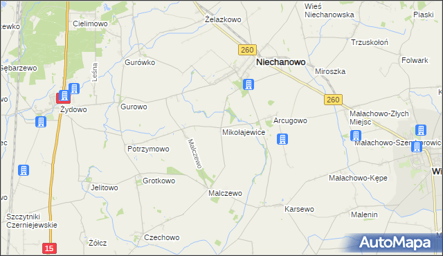 mapa Mikołajewice gmina Niechanowo, Mikołajewice gmina Niechanowo na mapie Targeo