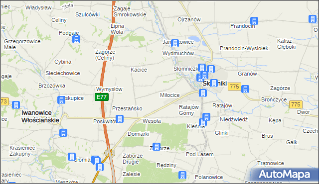 mapa Miłocice gmina Słomniki, Miłocice gmina Słomniki na mapie Targeo