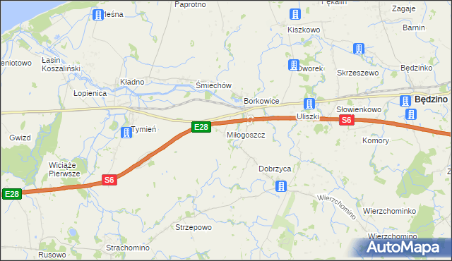 mapa Miłogoszcz gmina Będzino, Miłogoszcz gmina Będzino na mapie Targeo