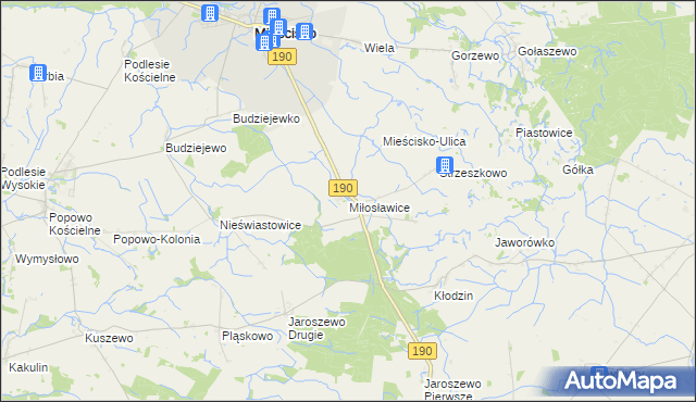 mapa Miłosławice gmina Mieścisko, Miłosławice gmina Mieścisko na mapie Targeo