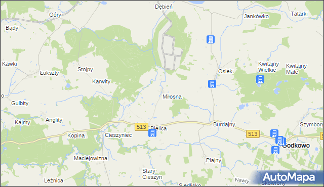 mapa Miłosna gmina Godkowo, Miłosna gmina Godkowo na mapie Targeo