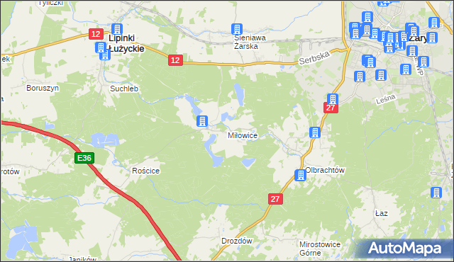 mapa Miłowice gmina Żary, Miłowice gmina Żary na mapie Targeo