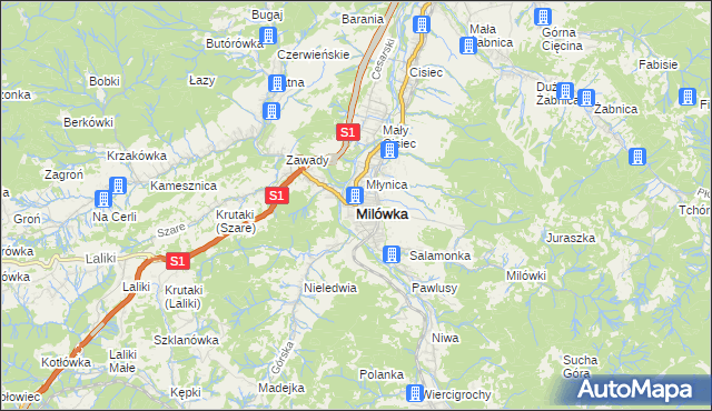 mapa Milówka powiat żywiecki, Milówka powiat żywiecki na mapie Targeo