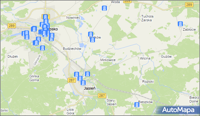 mapa Mirkowice gmina Jasień, Mirkowice gmina Jasień na mapie Targeo