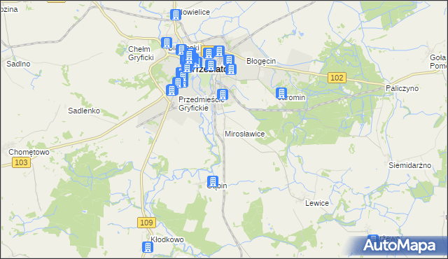 mapa Mirosławice gmina Trzebiatów, Mirosławice gmina Trzebiatów na mapie Targeo