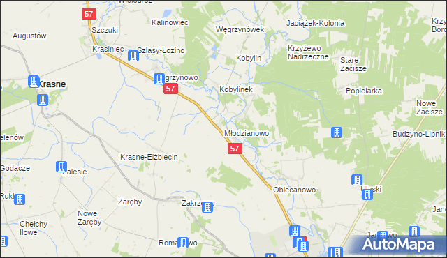 mapa Młodzianowo gmina Płoniawy-Bramura, Młodzianowo gmina Płoniawy-Bramura na mapie Targeo