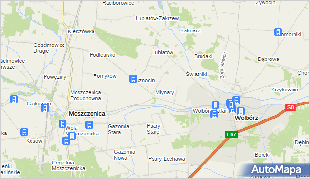 mapa Młynary gmina Wolbórz, Młynary gmina Wolbórz na mapie Targeo