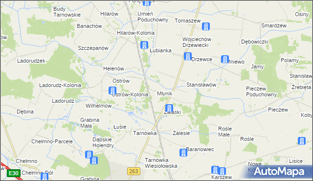 mapa Młynik gmina Olszówka, Młynik gmina Olszówka na mapie Targeo