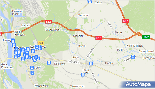 mapa Młynki gmina Końskowola, Młynki gmina Końskowola na mapie Targeo