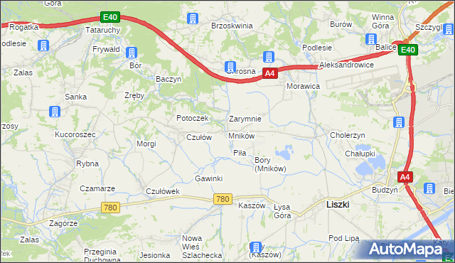 mapa Mników gmina Liszki, Mników gmina Liszki na mapie Targeo